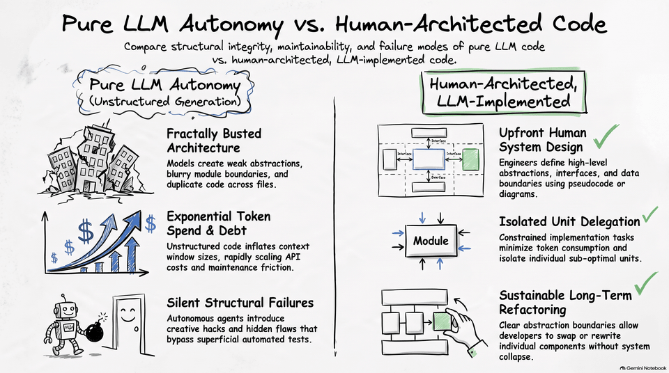 Pure LLM autonomy vs. human-architected, LLM-implemented code